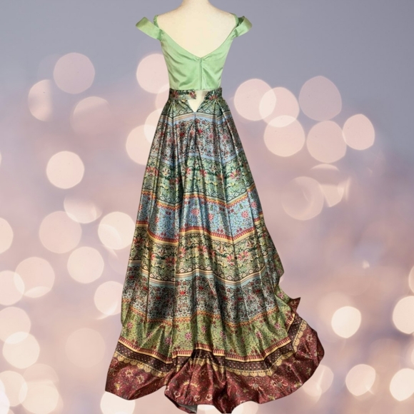 NWT Size 4 Sherri Hill 2-Piece Blue & Green Print Taffeta Ballgown - Picture 6 of 9